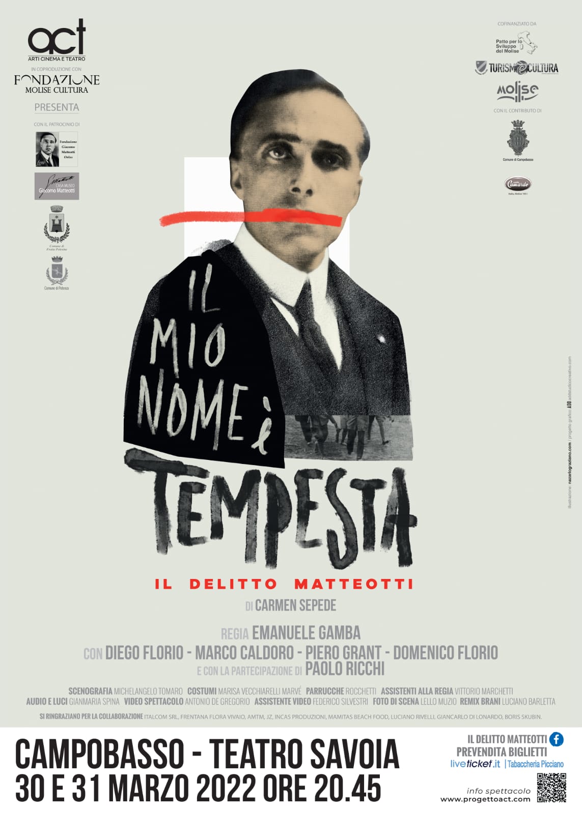 Torna a teatro IL MIO NOME E’ TEMPESTA – Il delitto Matteotti  nella versione scenica di Carmen Sepede per la regia di Emanuele GAMBA Con il patrocinio della Fondazione Giacomo Matteotti