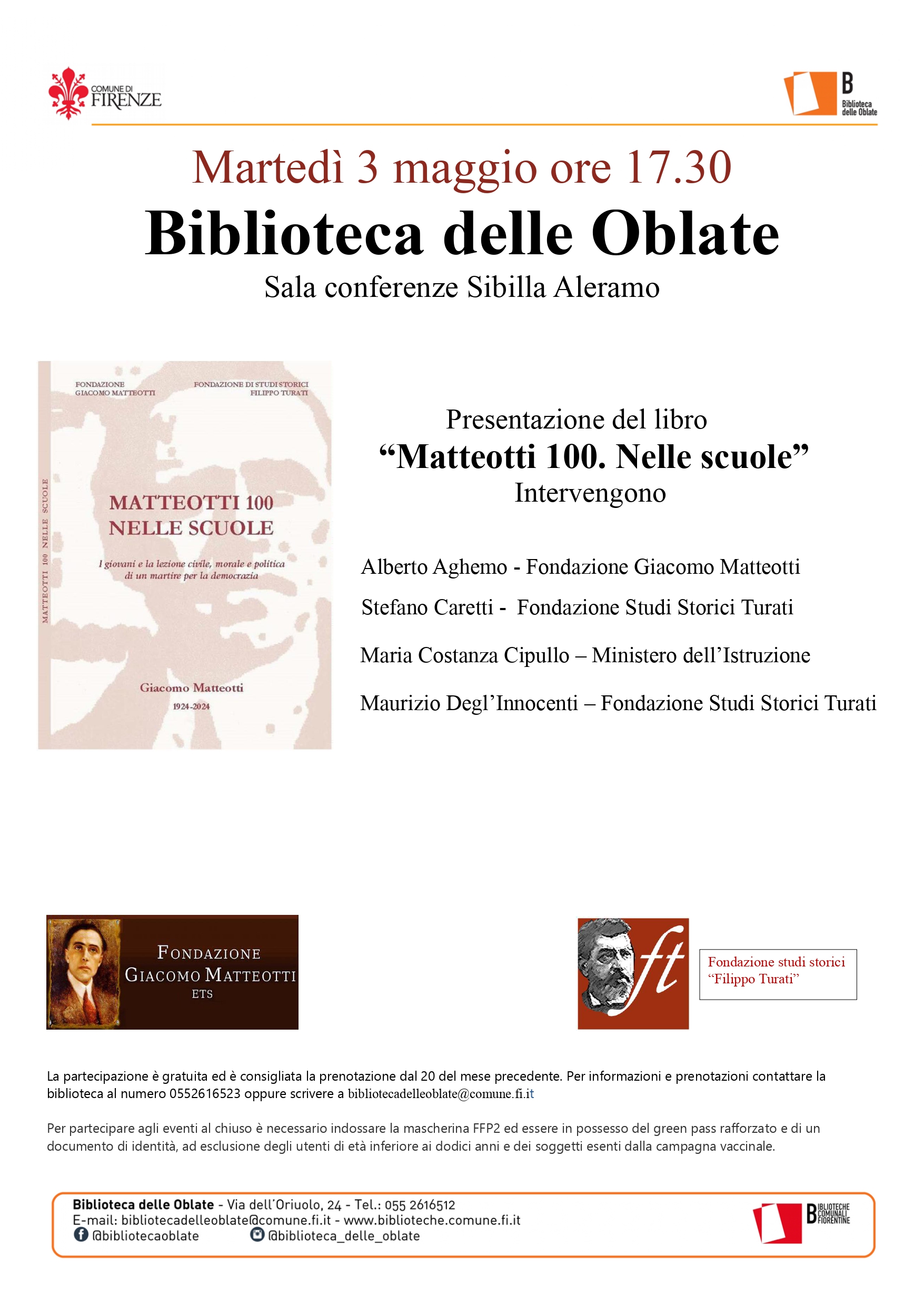 “Matteotti 100 nelle scuole”. Presentazione del volume a Firenze martedì 3 maggio ore 15.30 – Biblioteca delle Oblate