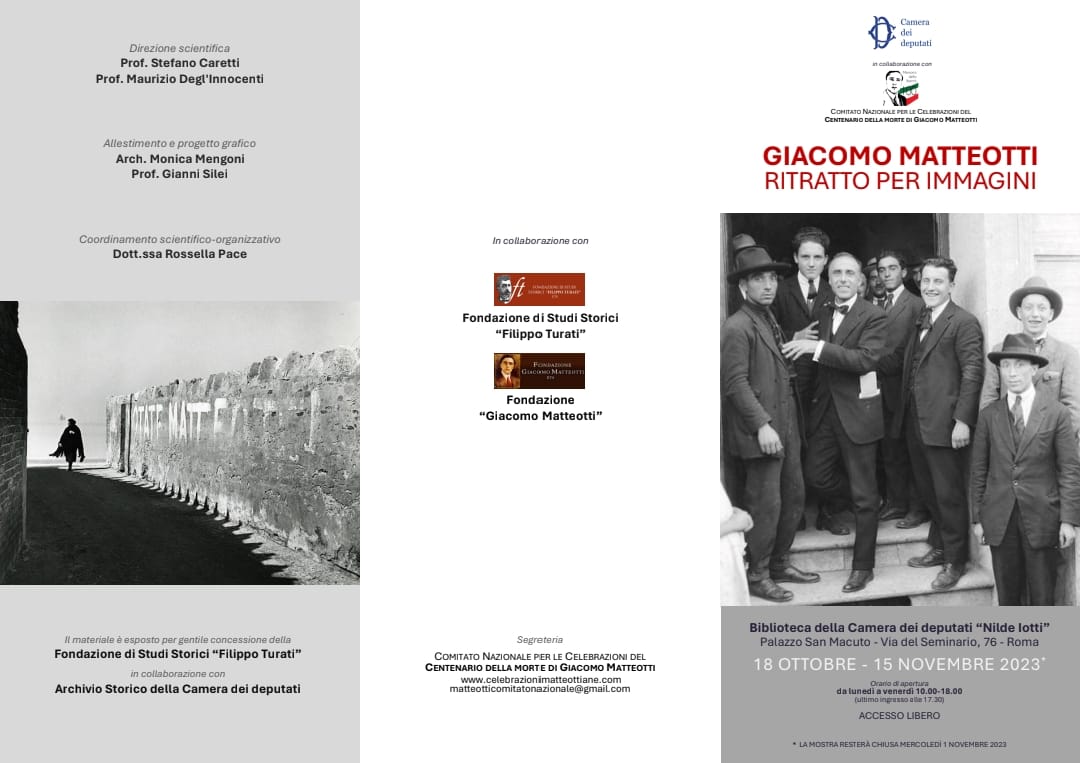 La mostra GIACOMO MATTEOTTI. RITRATTO PER IMMAGINI è aperta al pubblico dal 18 ottobre al 15 novembre 2023 a Roma ed è allestita presso la Biblioteca della Camera dei deputati “Nilde Iotti”, Via del Seminario 76, dal lunedì al venerdì dalle 10:00 con ultimo ingresso alle 17:30