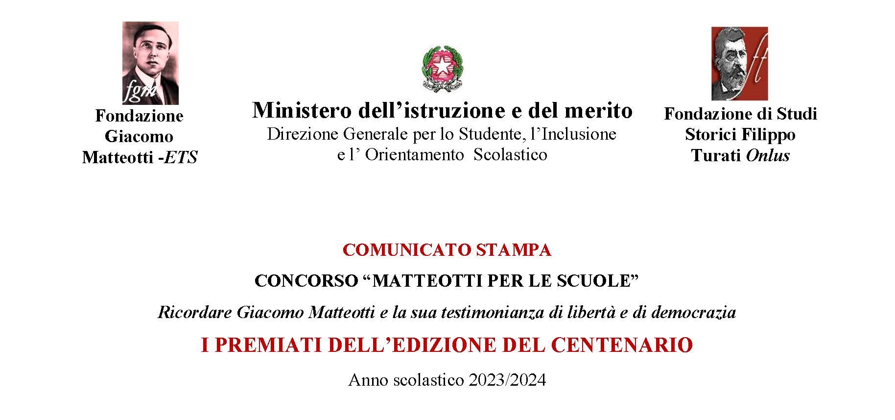 I PREMIATI DELL’EDIZIONE DEL CENTENARIO DEL CONCORSO “MATTEOTTI PER LE SCUOLE – Ricordare Giacomo Matteotti e la sua testimonianza di libertà e di democrazia” per l’anno scolastico 2023/2024