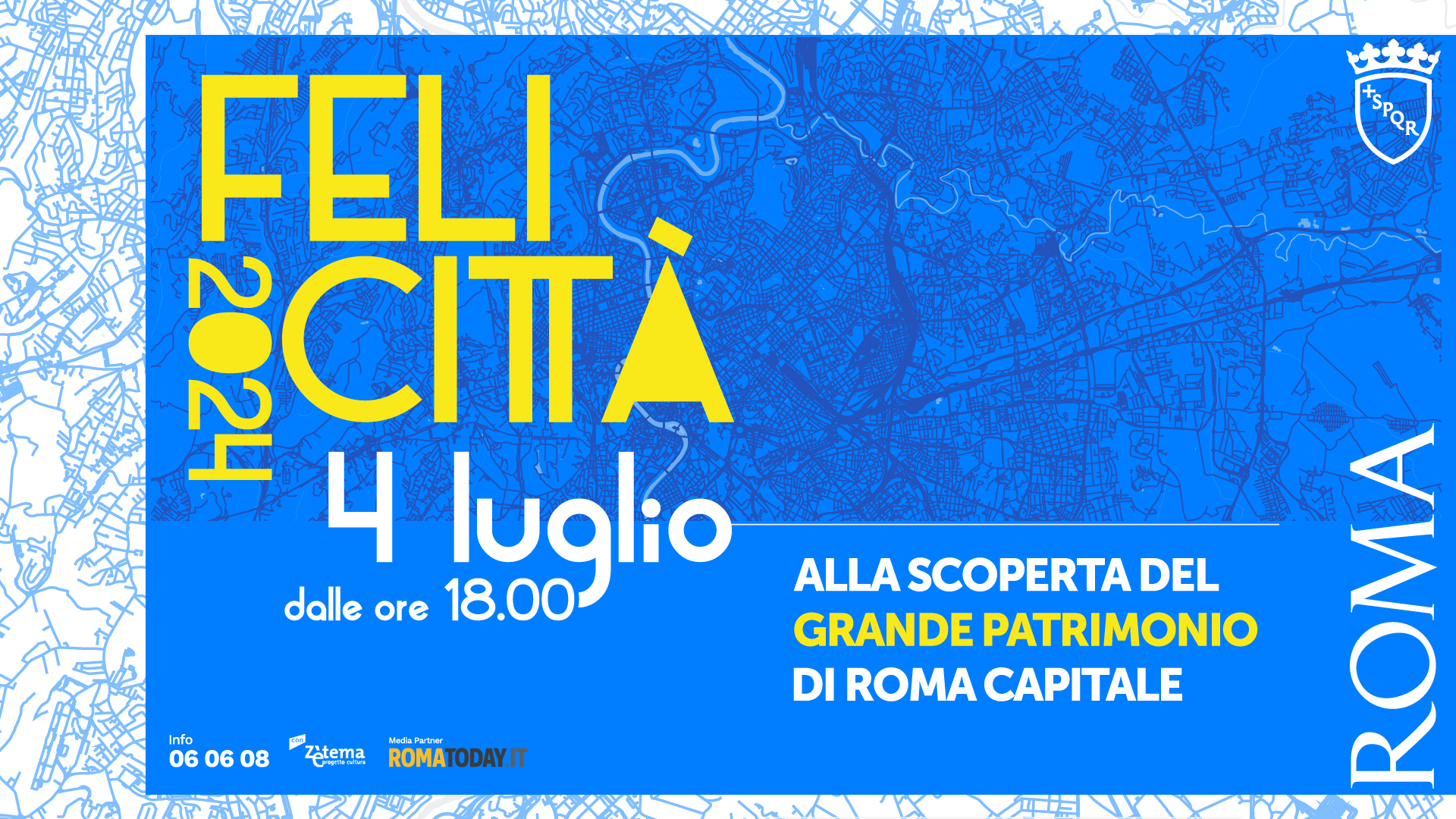 Giovedì 4 luglio 2024 si è tenuta a Roma la nuova edizione di FELICITTÀ, alla scoperta del grande Patrimonio di Roma Capitale: siti di rilevante interesse storico e culturale sono stati aperti al pubblico per eventi, mostre e spettacoli dalle 18:00 alla mezzanotte