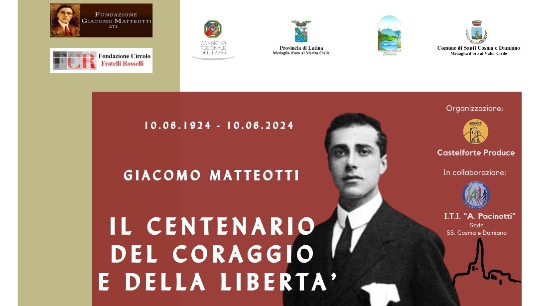 Mercoledì 21 maggio 2025 dalle 10:30 presso l’Auditorium di Santi Cosma e Damiano si tiene l’incontro con gli studenti dell’I.T.I “A. Pacinotti” sul tema GIACOMO MATTEOTTI. IL CENTENARIO DEL CORAGGIO E DELLA LIBERTÀ