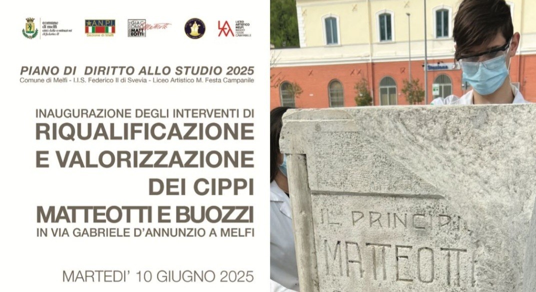 Martedì 10 giugno 2025, in occasione della ricorrenza dei 101 anni dal brutale assassinio di Matteotti, a Melfi si tiene la cerimonia per l’inaugurazione degli interventi di riqualificazione e valorizzazione dei cippi dedicati alla memoria di Giacomo Matteotti e di Bruno Buozzi