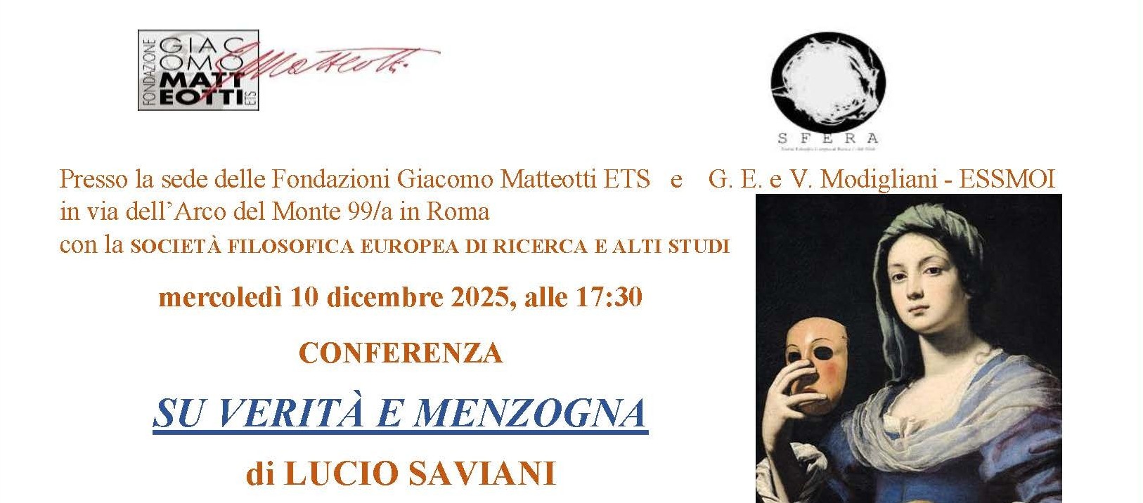 Mercoledì 10 dicembre alle 17:30 conferenza sul tema SU VERITÀ E MENZOGNA