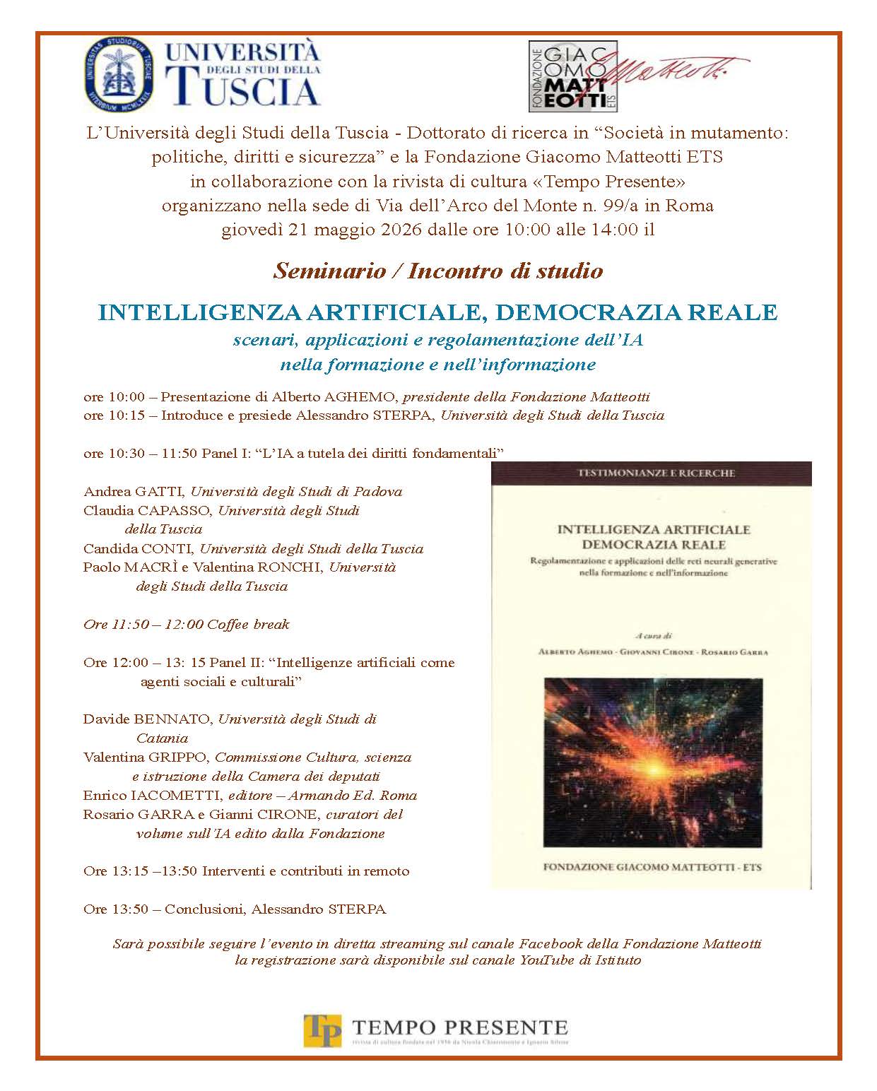 Giovedì 21 maggio ore 10 Seminario su INTELLIGENZA ARTIFICIALE, DEMOCRAZIA REALE